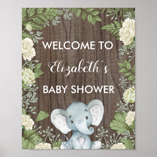 Rustic Elephant Baby Shower Welcome Sign Greenery (Front)