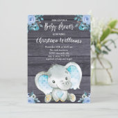 Rustic Elephant Blue Floral Boy Baby Shower Invitation (Standing Front)