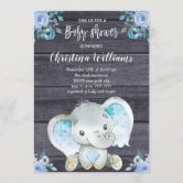 Blue Elephant Baby Shower invitation, rustic boy Invitation