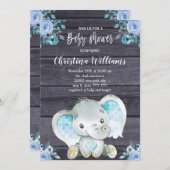 Rustic Elephant Blue Floral Boy Baby Shower Invitation (Front/Back)