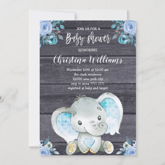 Rustic Elephant Blue Floral Boy Baby Shower Invitation