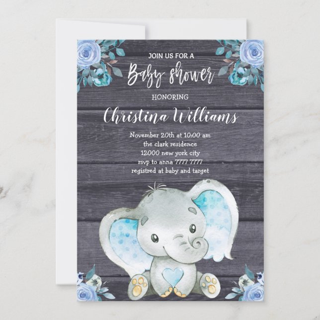 Rustic Elephant Blue Floral Boy Baby Shower Invitation (Front)