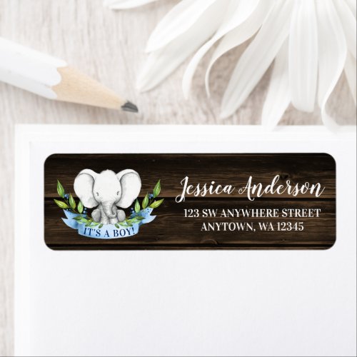 Rustic Elephant Boy Baby Shower Return Address Label