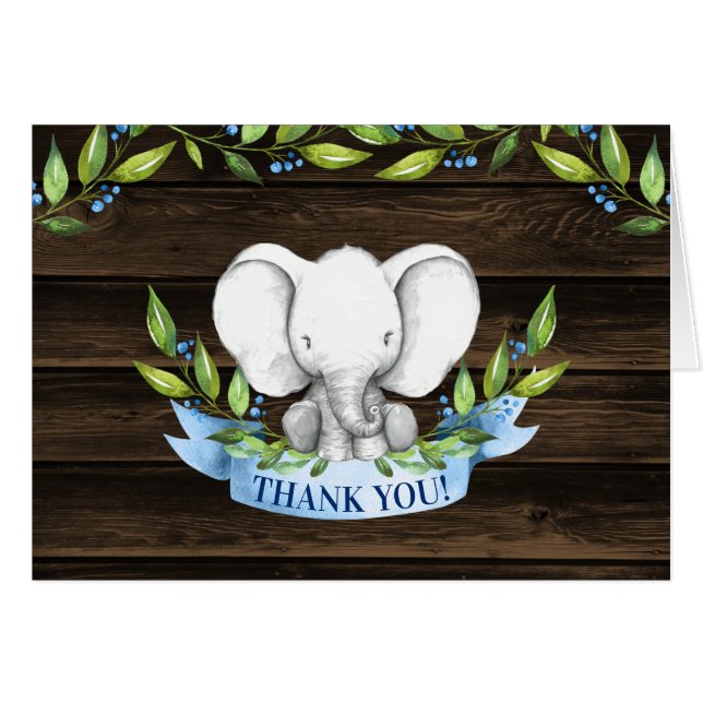 Rustic Elephant Boy Baby Shower Thank You Card (Front Horizontal)