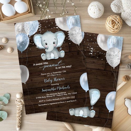 Rustic Elephant Boy Balloons Baby Shower Invitation