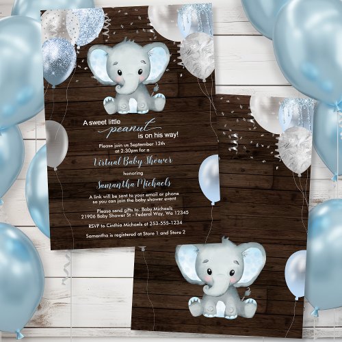 Rustic Elephant Boy Balloons Virtual Baby Shower Invitation
