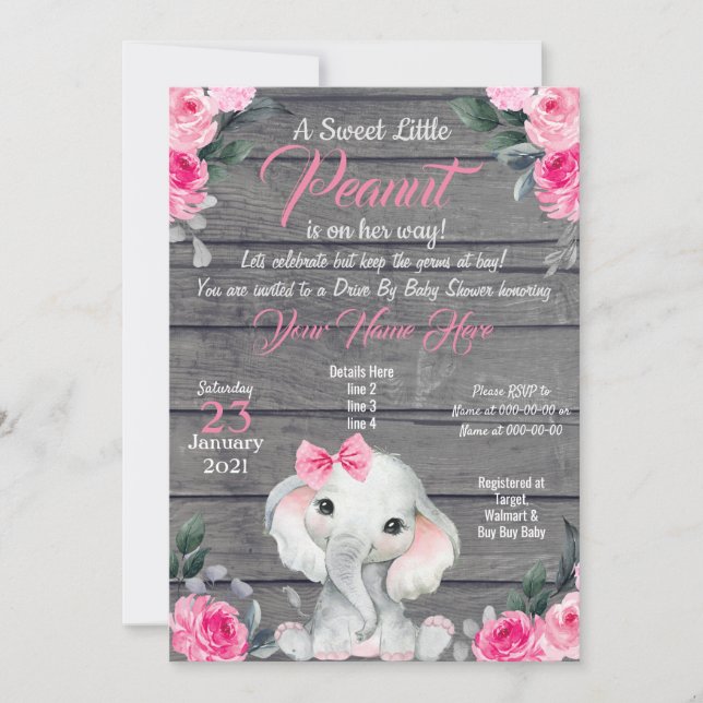 Rustic Elephant Drive Baby Shower Invitation pink (Front)
