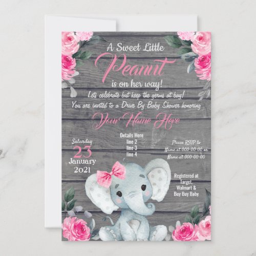 Rustic Elephant Drive Baby Shower Invitation pink