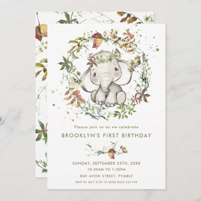 Rustic Elephant Fall Leafy Gender Neutral Birthday Invitation (Front/Back)