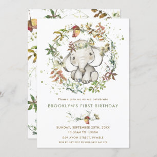 Rustic Elephant Fall Leafy Gender Neutral Birthday Invitation
