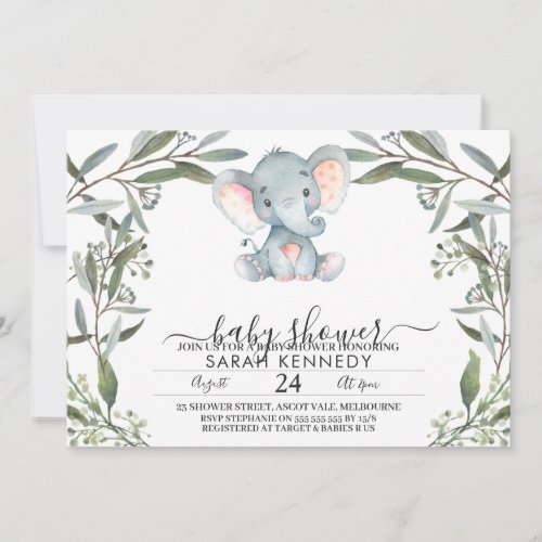 Rustic Elephant Foliage Baby Shower Invitation - Rustic Elephant Foliage Baby Shower Invitation

Cute baby shower invitation featuring a watercolor elephant and some eucalyptus on a white background. Same image also appears on the back.  This is a cute and modern design with a rustic twist.