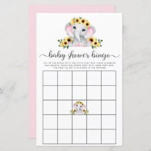 Rustic Elephant Sunflowers Baby Shower Bingo Game