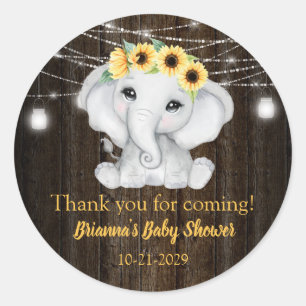 Rustic Elephant Sunflowers Lights Girl Baby Shower Classic Round Sticker