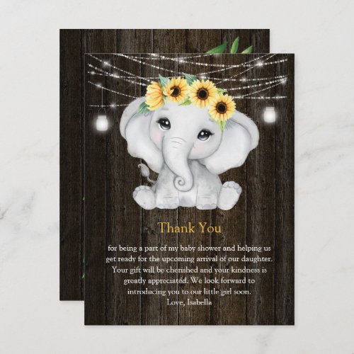 Rustic Elephant Sunflowers Lights Girl Baby Shower Invitation