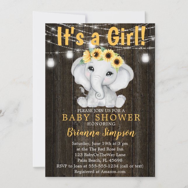 Rustic Elephant Sunflowers Lights Girl Baby Shower Invitation (Front)