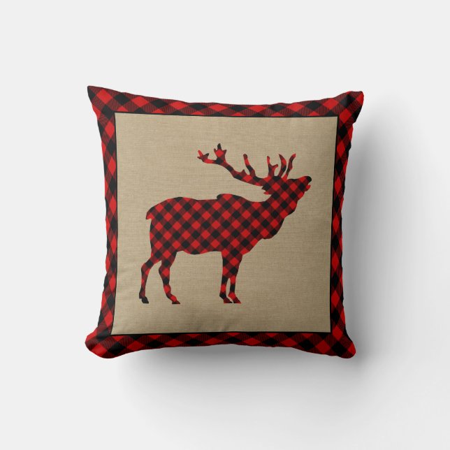 Rustic Elk Burlap and Red Plaid Throw Pillow (Front)