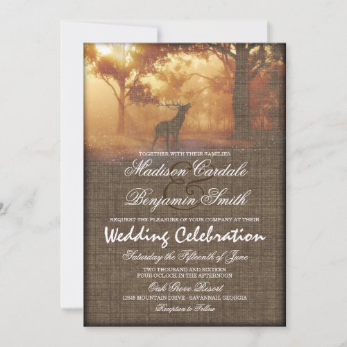 Rustic Elk Woodland Burlap Print Wedding Invites