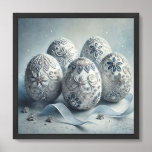 Rustic embellished glass silver blue Easter eggs Framed Art