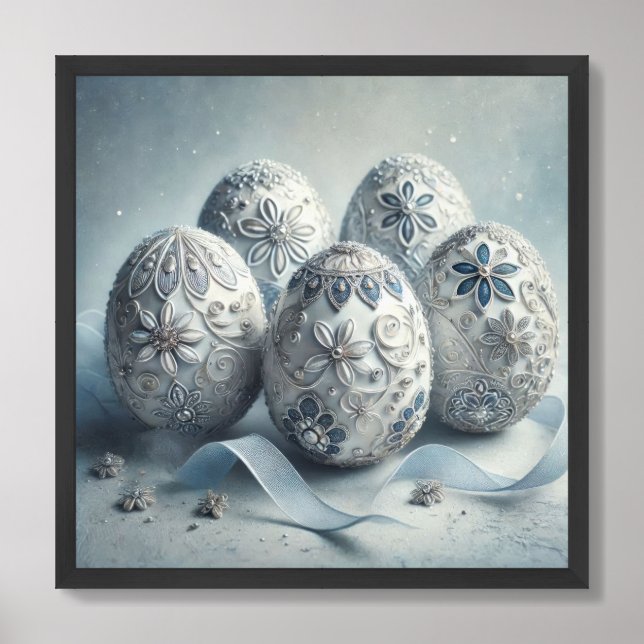 Rustic embellished glass silver blue Easter eggs Framed Art (Framed Front)