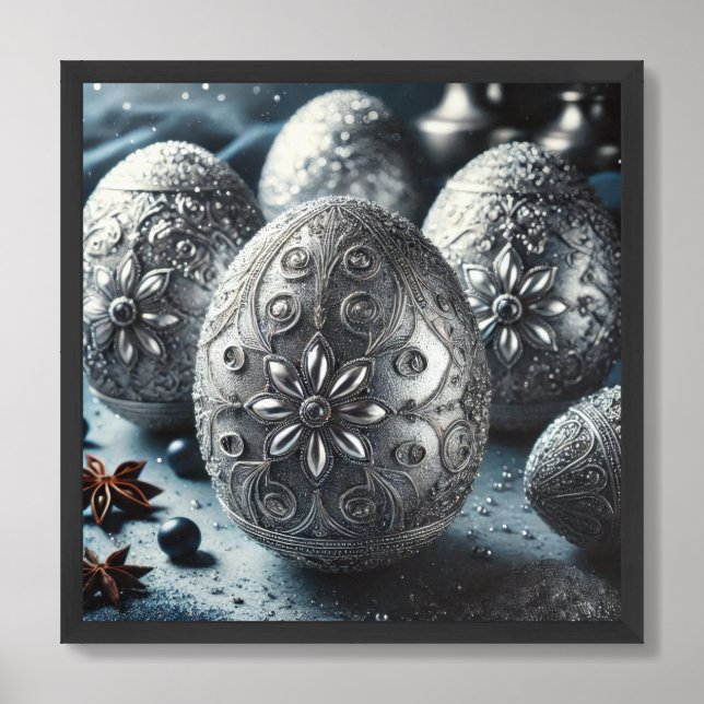 Rustic embellished glass silver blue Easter eggs Framed Art (Framed Front)