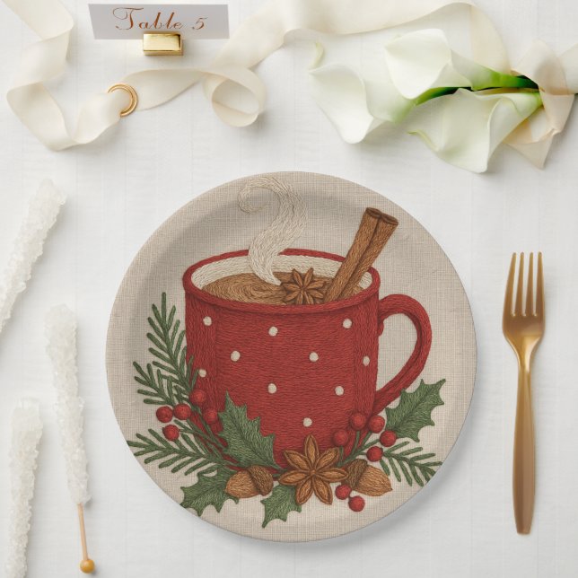  Rustic embroidery Christmas cocoa Mug Cinnamon Paper Plates (Wedding)