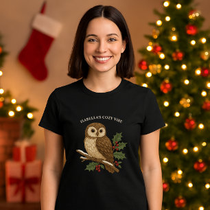 Rustic embroidery Christmas Owl with Holly black  T-Shirt