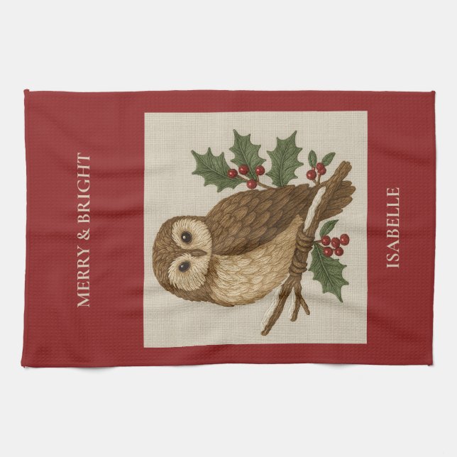 Rustic embroidery Christmas Owl with Holly Kitchen Towel (Horizontal)