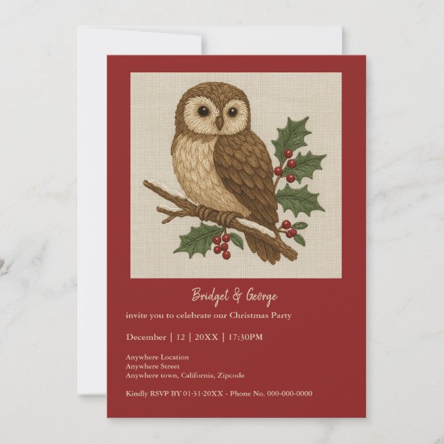 Rustic embroidery Christmas Owl with Holly party  (Front)