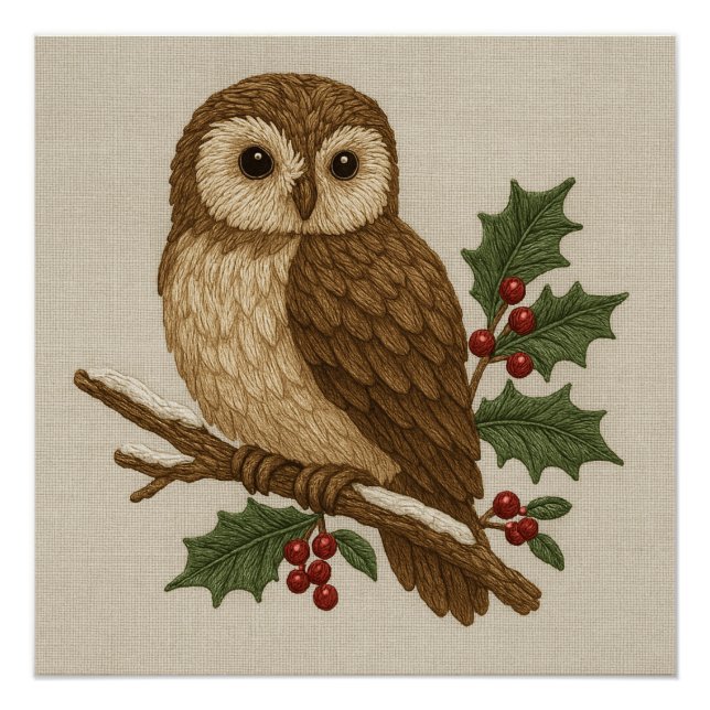 Rustic embroidery Christmas Owl with Holly Poster (Front)