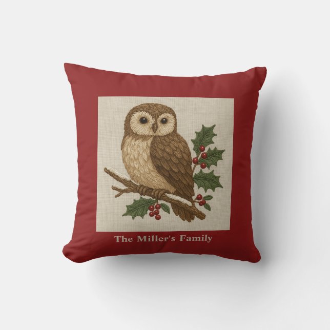 Rustic embroidery Christmas Owl with Holly Throw Pillow (Front)