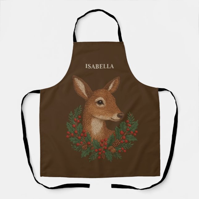Rustic embroidery Deer & Holiday Greens christmas Apron (Front)