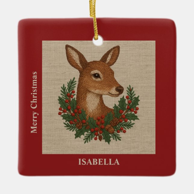 Rustic embroidery Deer & Holiday Greens christmas Ceramic Ornament (Front)