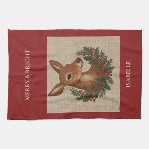 Rustic embroidery Deer & Holiday Greens christmas Kitchen Towel