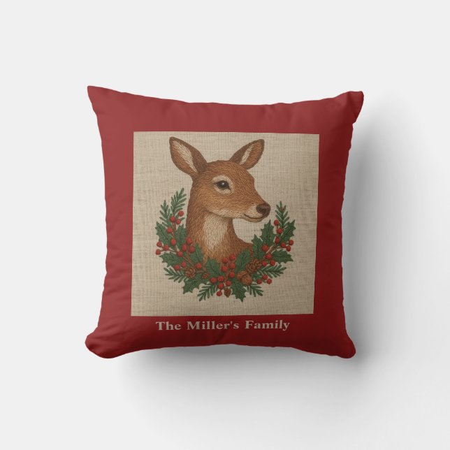 Rustic embroidery Deer & Holiday Greens christmas Throw Pillow (Front)