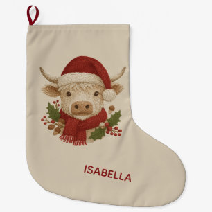 Rustic embroidery Highland Cow with Santa Hat Large Christmas Stocking