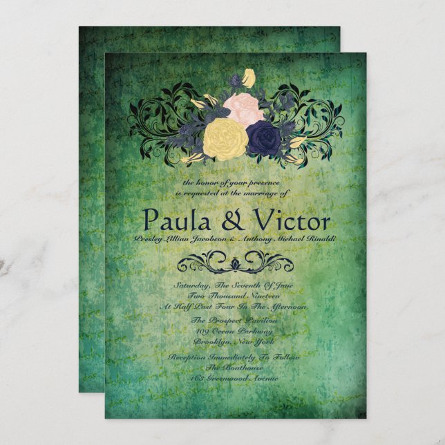 Rustic Emerald Floral Wedding Invitations (Front/Back)