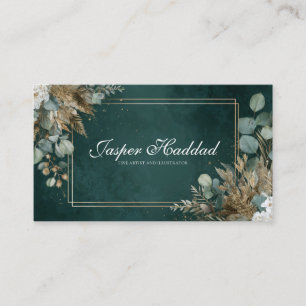Rustic Emerald Gold Eucalyptus White Floral Modern Business Card