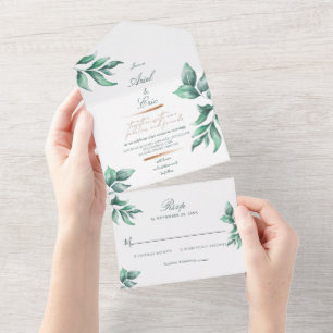 Rustic Emerald Green and Eucalyptus Wedding All In One Invitation
