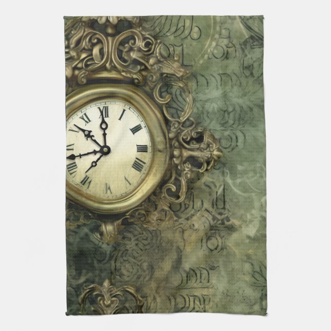 Rustic Emerald Green Antique Steampunk Kitchen Towel (Vertical)
