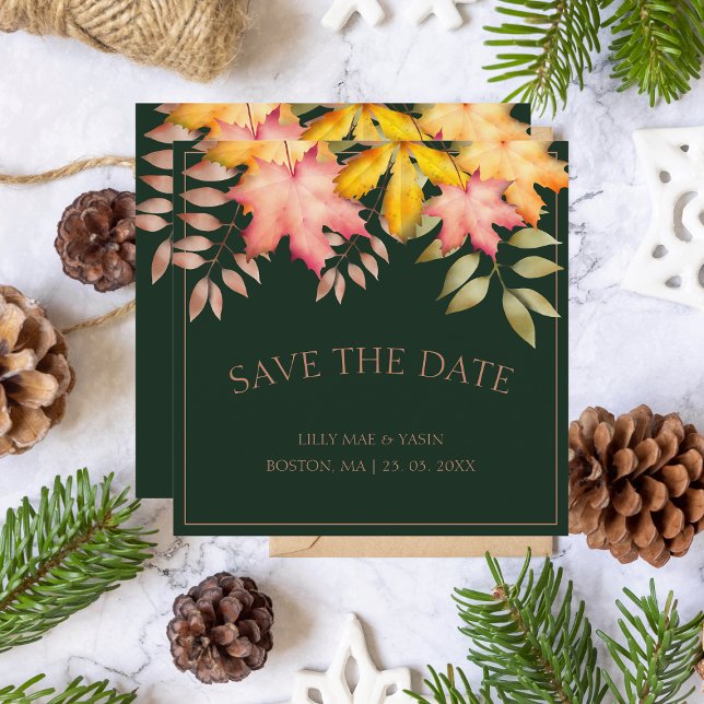 Rustic Emerald Green Fall Leaves Wedding Save The Date (Creator Uploaded)