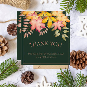 Rustic Emerald Green Fall Leaves Wedding Thank You Card