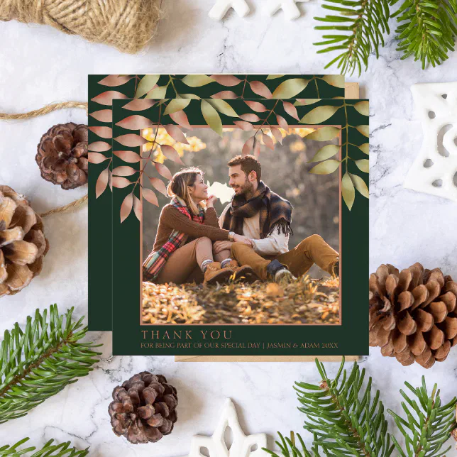 Rustic Emerald Green Fall Wedding Photo Thank You Card | Zazzle