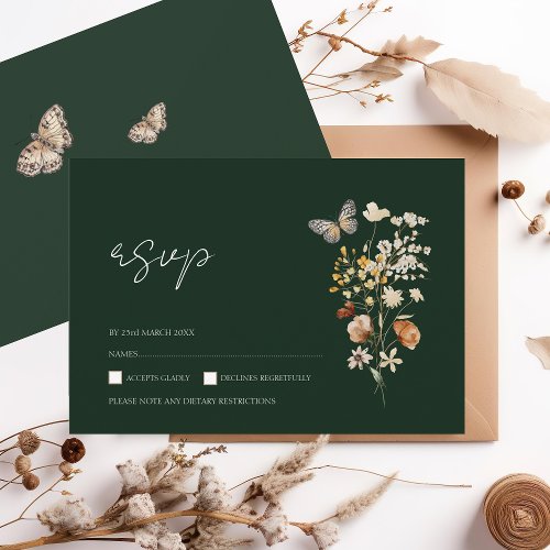 Rustic Emerald Green Fall Wildflowers Wedding RSVP Card