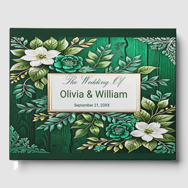 Rustic Emerald Green Gold Flower Wedding Guest Book (Front)