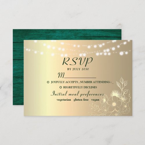 Rustic Emerald Green Gold Wedding RSVP Card