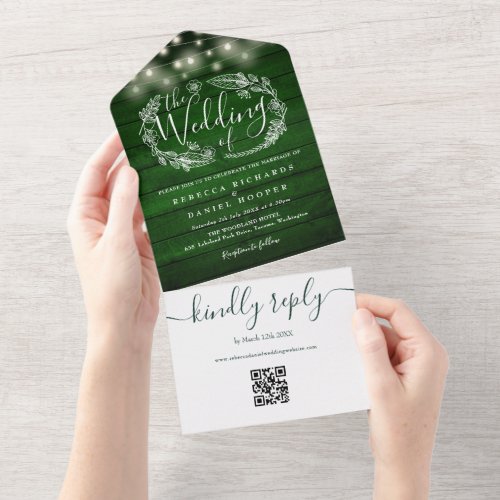 Rustic Emerald Green QR Code String Lights Wedding All In One Invitation