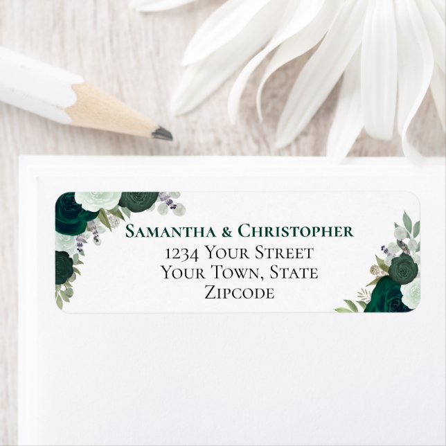 Rustic Emerald Green Roses Wedding Return Address Label (Insitu)