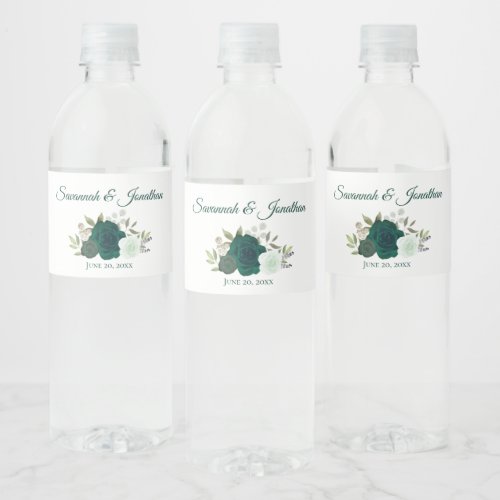 Rustic Emerald Green  Sage Roses Wedding Water Bottle Label