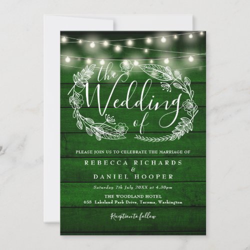 Rustic Emerald Green String Lights Photo Wedding Invitation