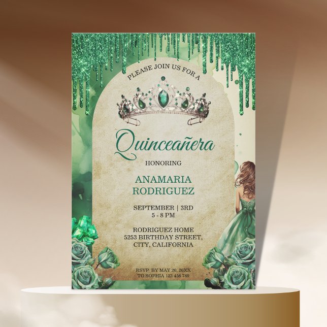 Rustic Emerald Green Tiara Quinceañera Roses Arch Invitation (rustic emerald green tiara)